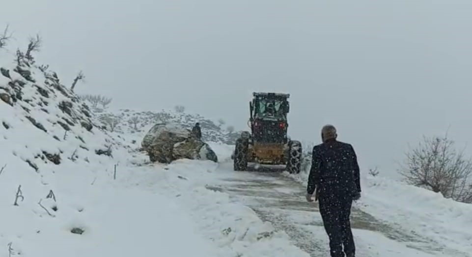 Yola düşen dev kaya kaldırıldı