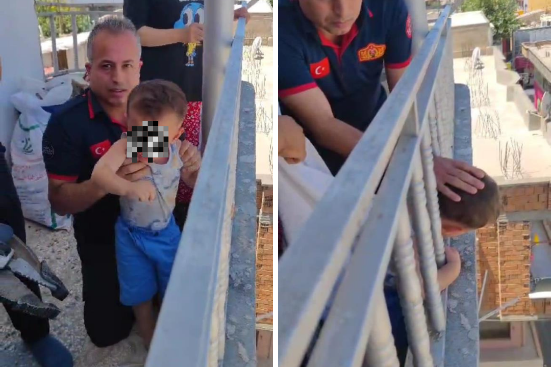 Kafası korkuluğa sıkışan çocuk kurtarıldı