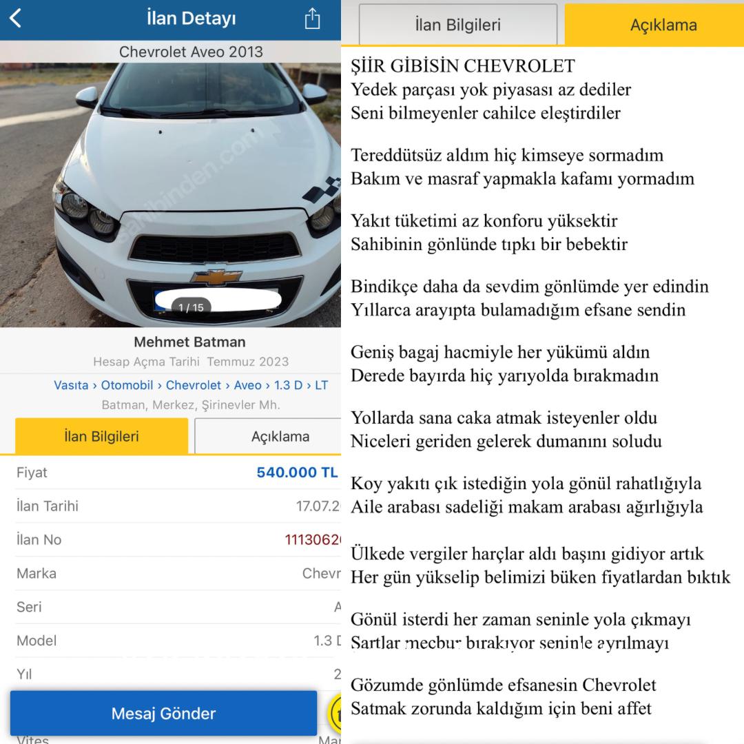 Aracını şiir ile satışa sundu