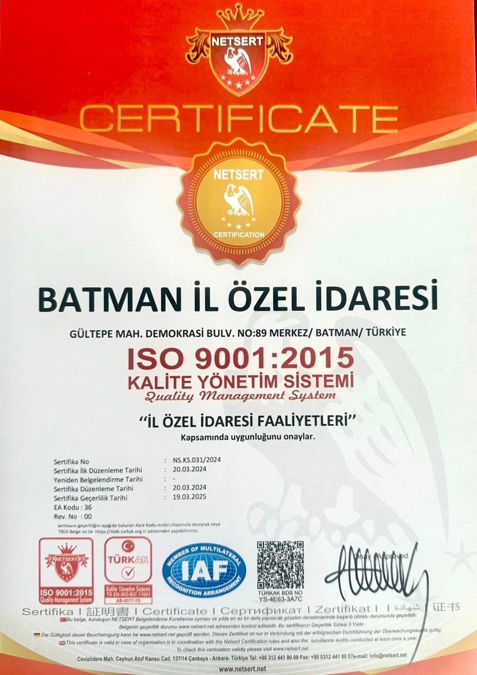 İl Özel İdaresi ISO kalite belgesi aldı