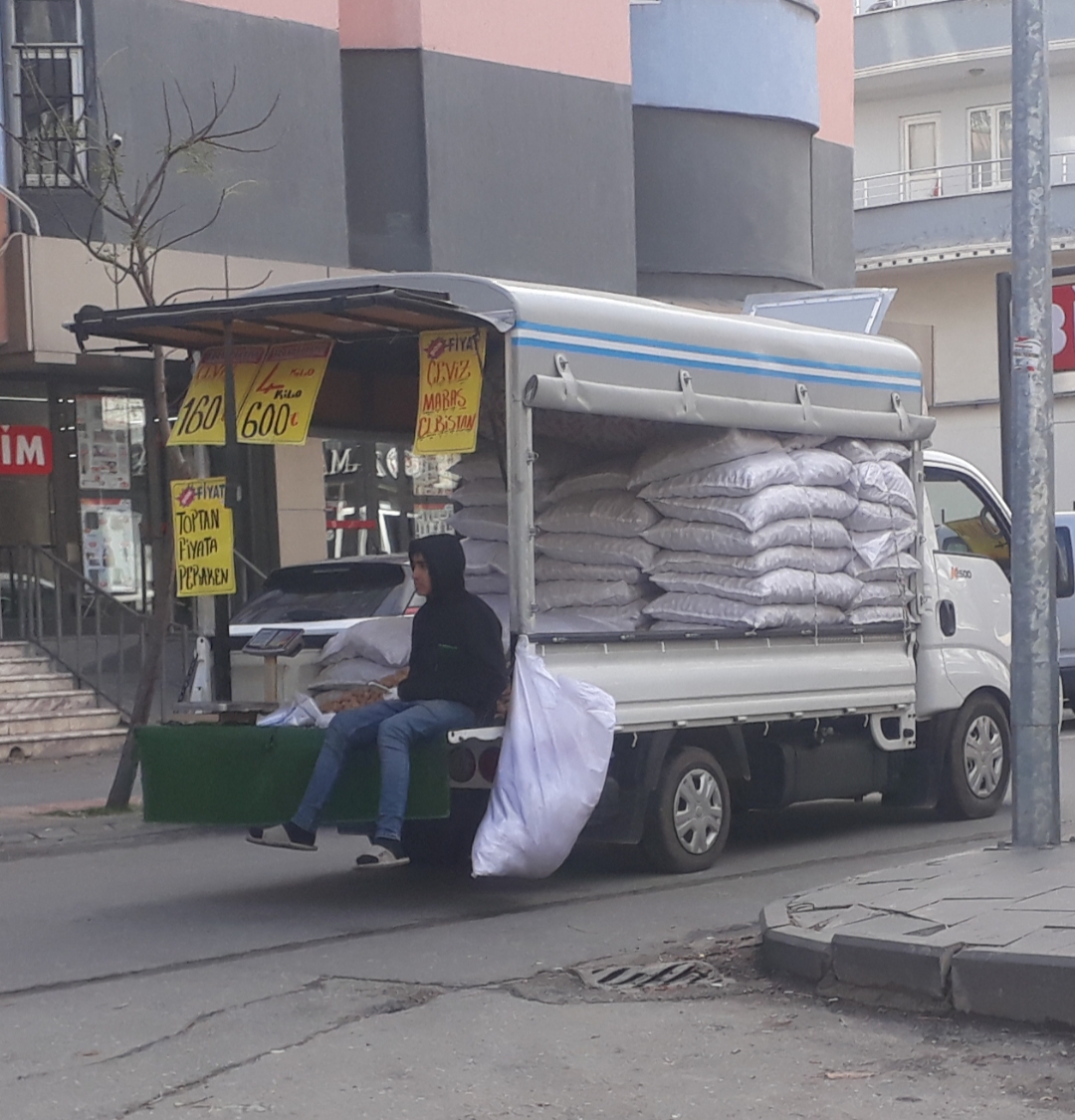 Kamyonetiyle ceviz satıyor