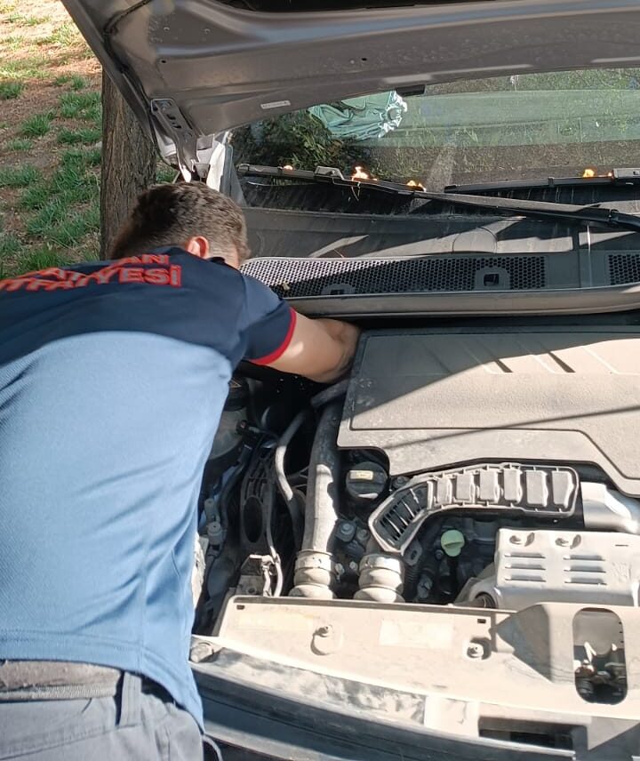 Araç kaputuna sıkıştı