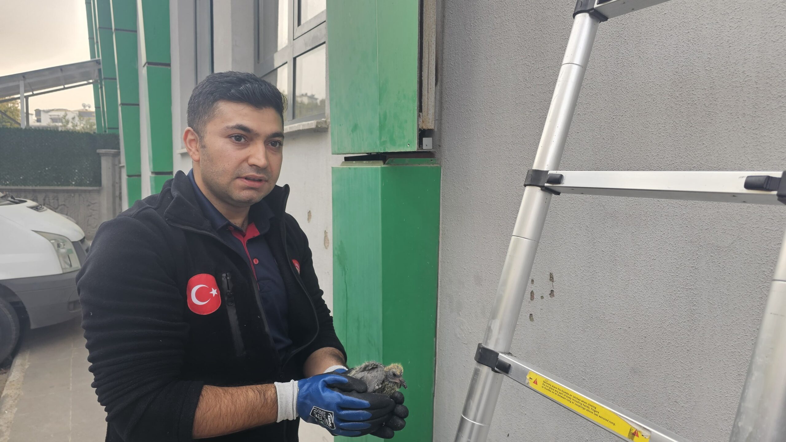 Kolona sıkışan kuş kurtarıldı