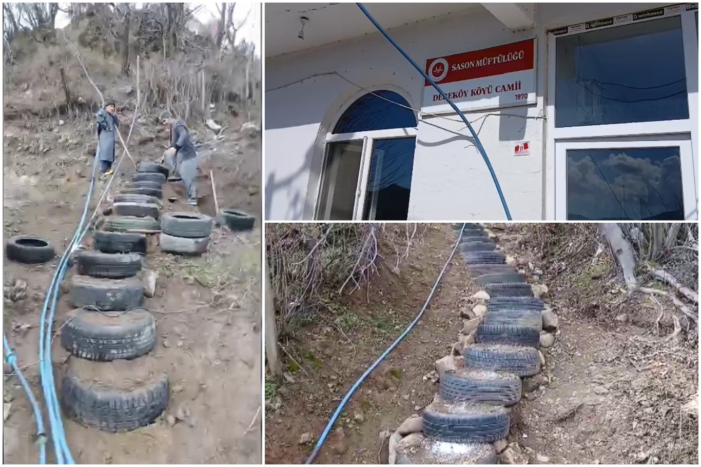 Lastiklerden camiye merdiven yaptılar
